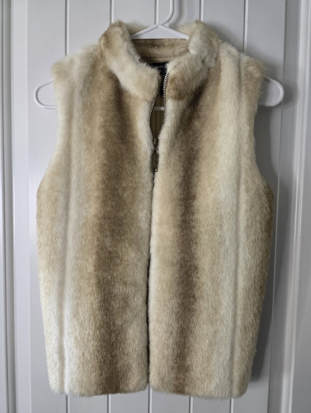 Designers Original Women's Faux Fur Zip Front Vest - Cream & Tan Petite Small